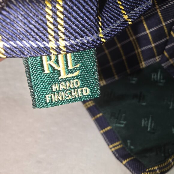 LAUREN RALPH LAUREN HAND FINISHED IMPORTED SILK TIE BLUE WITH GOLD PLAID EUC - Picture 5 of 7